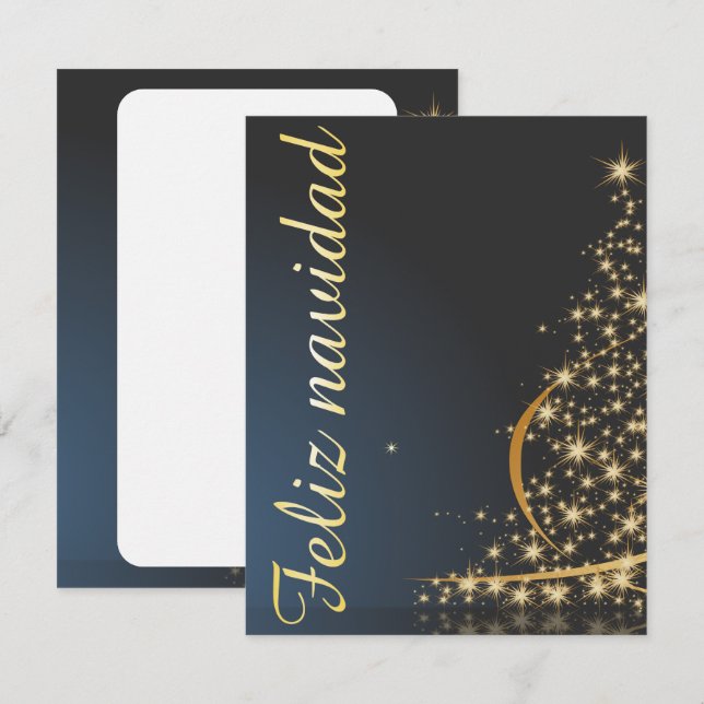 Invitación Motivo navideño azul con dorado Árbol de navidad. (Anverso / Reverso)