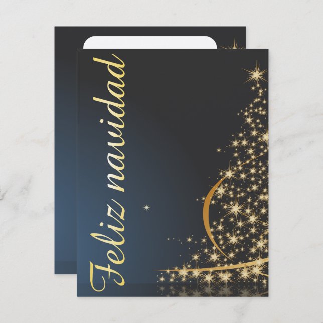 Invitación Motivo navideño azul con dorado Árbol de navidad. (Anverso / Reverso)