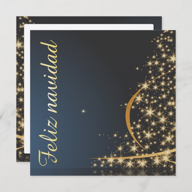 Invitación Motivo navideño azul con dorado Árbol de navidad. (Anverso / Reverso)