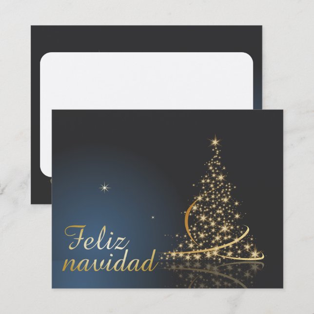 Invitación Motivo navideño azul con dorado Árbol de navidad. (Anverso / Reverso)
