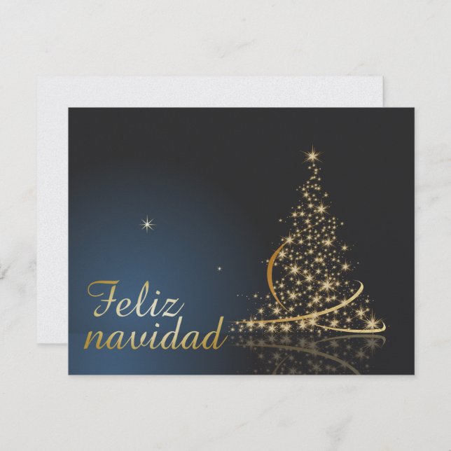 Invitación Motivo navideño azul con dorado Árbol de navidad. (Anverso / Reverso)