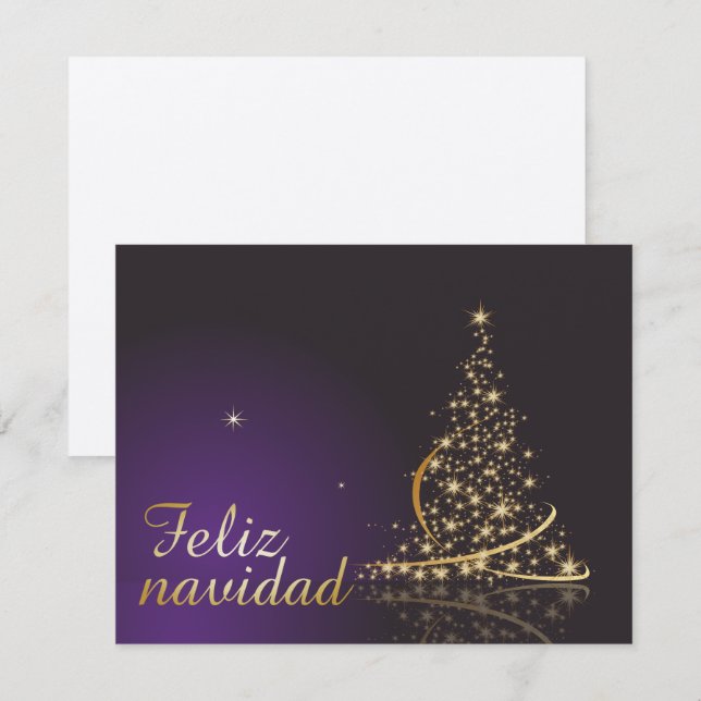Invitación Motivo navideño morado oscuro con dorado árbol de (Anverso / Reverso)