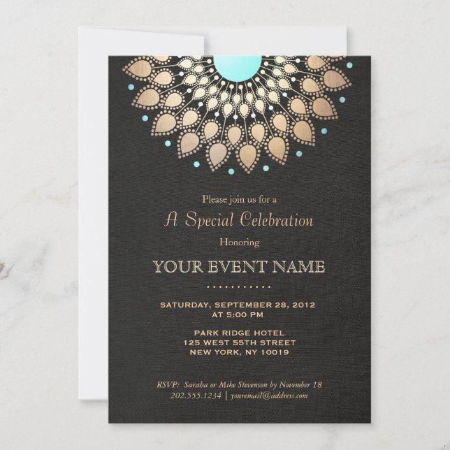 Invitación Motivo Ornamental Dorado Elegante Aspecto Lino For (Anverso)