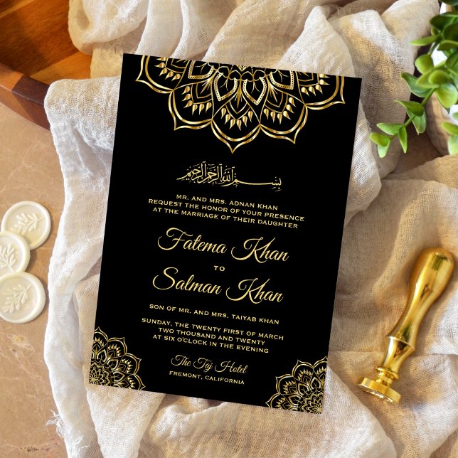 Invitación Moto de oro negro tradicional Boda islámico (Subido por el creador)