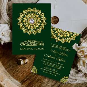 Invitación Moto de oro verde tradicional Boda islámico