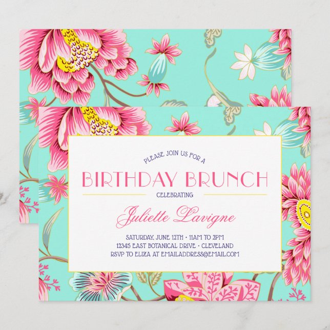 Invitación Moto floral en el cumpleaños Rosa y Aqua (Anverso / Reverso)