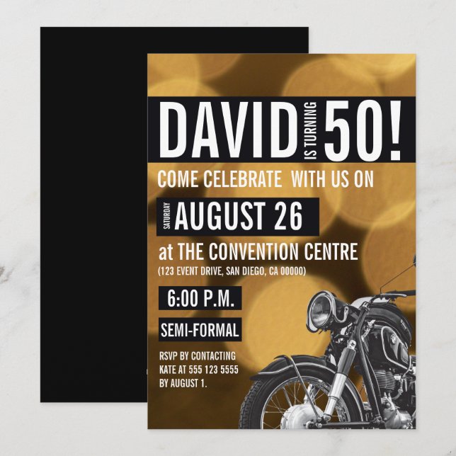 Invitación Motocicleta, 50 cumpleaños, oro y negro (Anverso / Reverso)