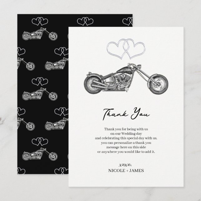 Invitación Motocicleta Black & Silver Heart Biker Gracias (Anverso / Reverso)