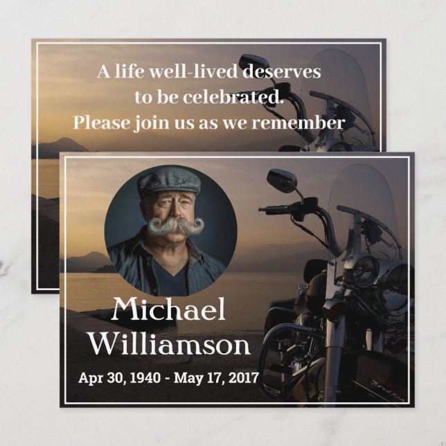 Invitación Motocicleta cerca de la celebración de la vida con (Anverso / Reverso)