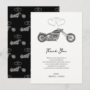 Invitación Motocicleta Corazones Negros y Plateados Agradecim