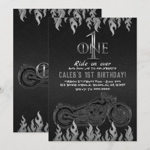 Invitación Motocicleta de cuero negro plata 1 UN 1ER cumpleañ