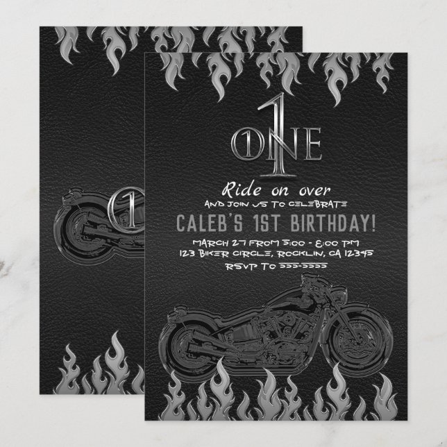 Invitación Motocicleta de plata de cuero negro 1 UN primer cu (Anverso / Reverso)