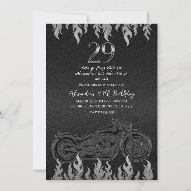 Invitación Motocicleta de plata de cuero negro 29 cumpleaños (Anverso)