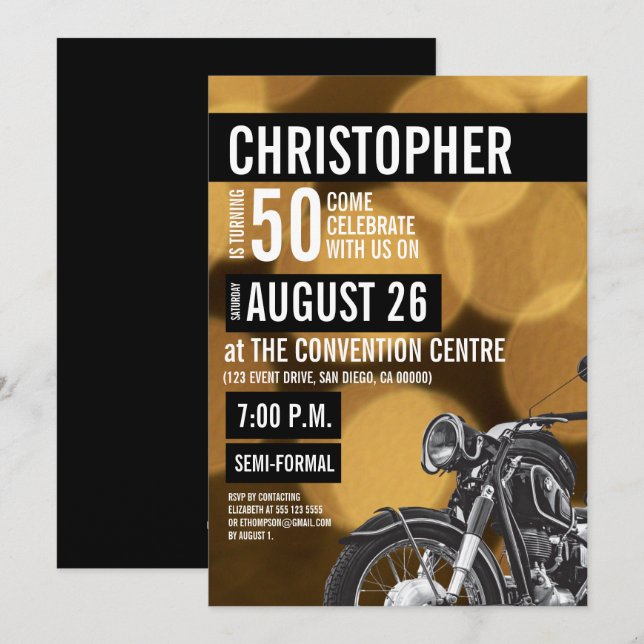 Invitación Motocicleta moderna tema 50 cumpleaños Golden (Anverso / Reverso)