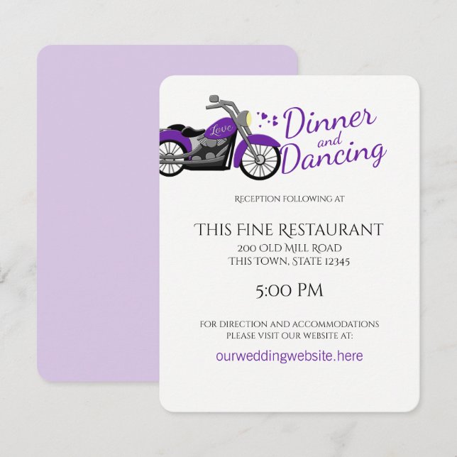 Invitación Motocicleta morada y recepción de casamiento cardí (Anverso / Reverso)