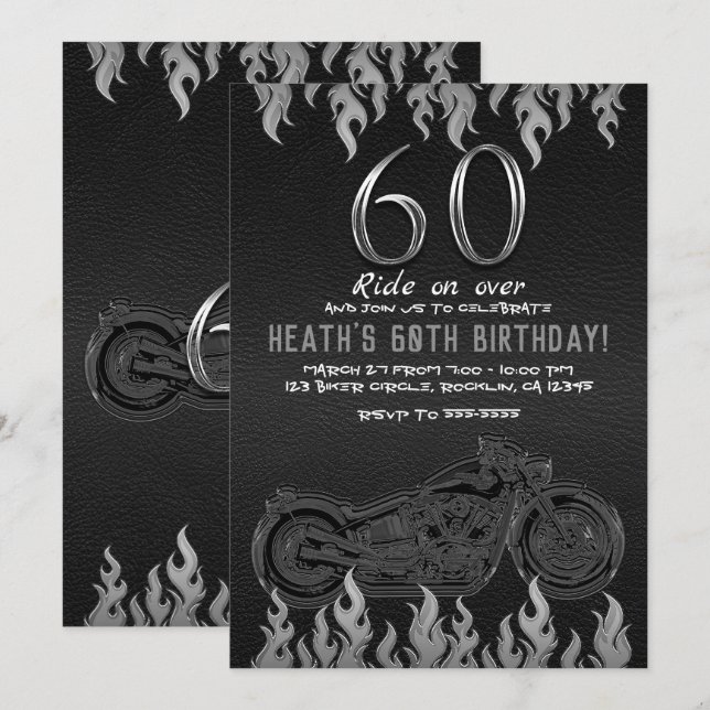 Invitación Motocicleta Plata de Cuero Negro 60TH 60 cumpleaño (Anverso / Reverso)