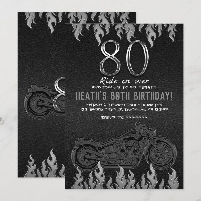 Invitación Motocicleta Plata de Cuero Negro 80TH 80 Cumpleaño (Anverso / Reverso)