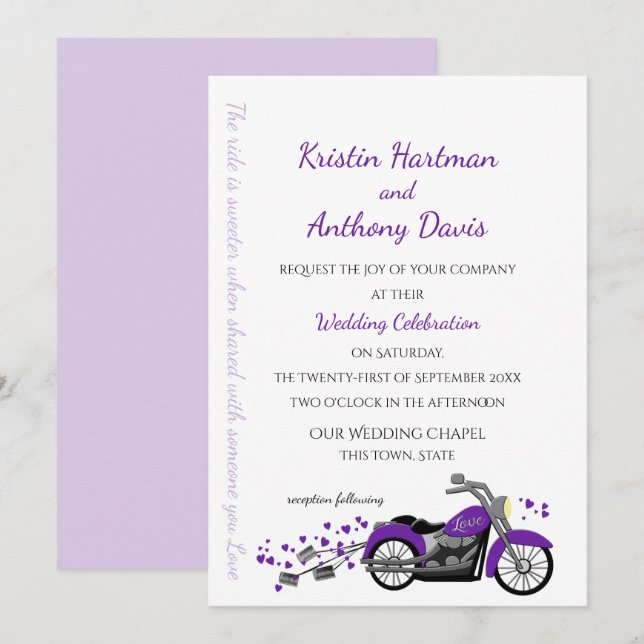 Invitación Motocicleta púrpura y Boda del corazón (Anverso / Reverso)