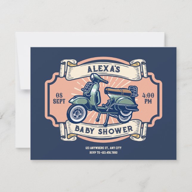 Invitación Motocicleta retro clásica ducha de bebé (Anverso)