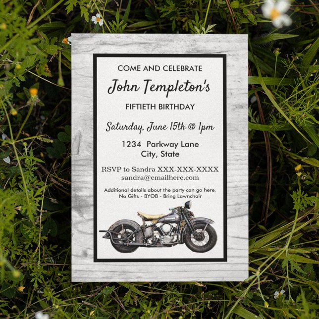 Invitación Motocicleta vintage Fiesta de cumpleaños antigua (Vintage motorcycle birthday invitation that can be customized for any age.)