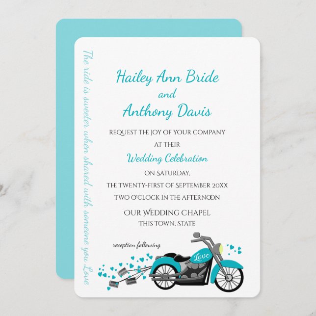 Invitación Motocicleta y corazón Boda Aqua (Anverso / Reverso)