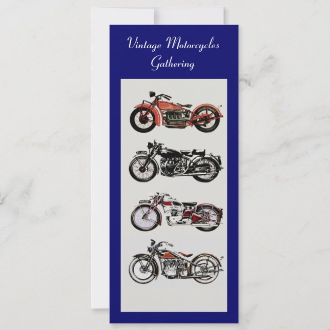 Invitación MOTOCICLETAS RETRO FIESTA Azul blanco negro rojo (Anverso)