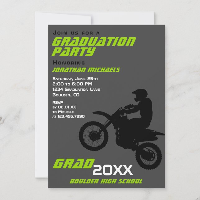 Invitación Motocross moto verde negro graduación de blanco su (Anverso)