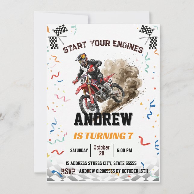 Invitación Motocross personal y cumpleaños de emprendimiento (Anverso)