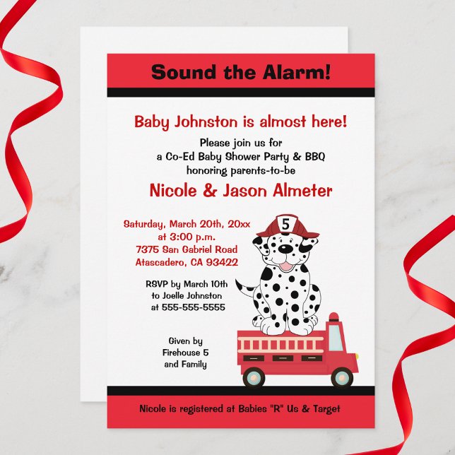 Invitación Motor Dalmatian y Firetruck 27 Baby Shower (Firetruck Fire Engine Baby Shower Invitation with Dalmatian)