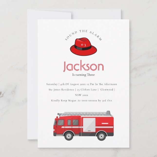 Invitación Motor de Camión de Bomberos Rojo Cumpleaños de Niñ (Anverso)