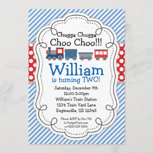 Invitación Motor de tren, Baby Blue Stripes Red Polka Dots
