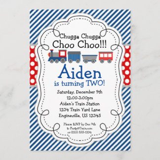 Invitación Motor de tren, Blue Stripes Red Polka Dot Cumpleañ
