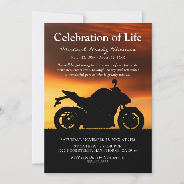 Invitación Motorcycle Sunset | Celebración De La Vida (Anverso)