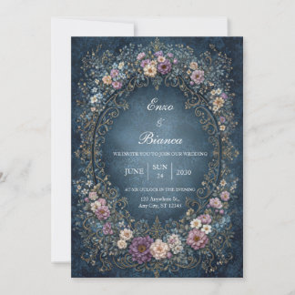 Invitación Mottled Indigo Royal Ornate Oval Wedding