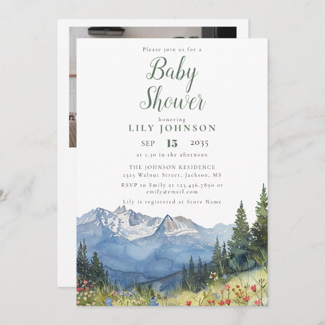 Invitación Mountain Baby Shower All In One Photo QR Code (Anverso / Reverso)