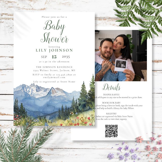 Invitación Mountain Baby Shower All In One Photo QR Code (Mountain Baby Shower All In One Photo QR Code Invitation)