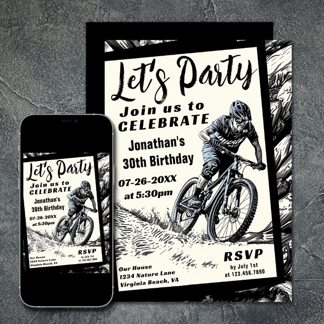 Invitación Mountain Bike Estilo Sketch Moderno Cumpleaños (Mountain Bike Modern Sketch Style Birthday Invitation)