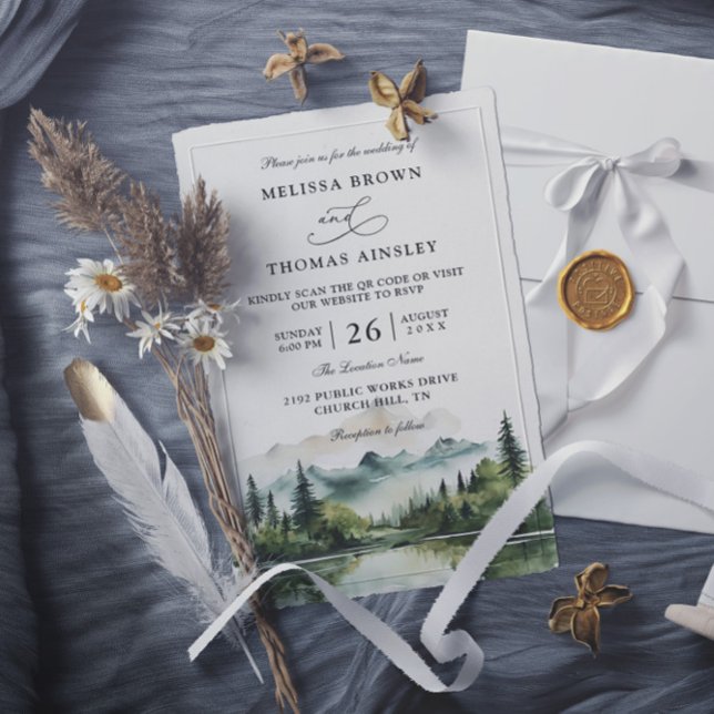 Invitación Mountain Forest Lake Rustic Budget QR Code Wedding (Subido por el creador)