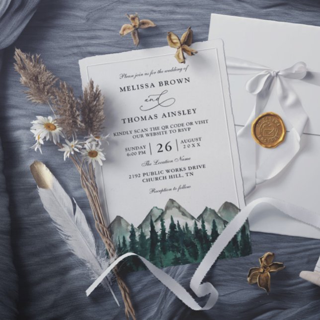 Invitación Mountain Forest Rustic Budget QR Code Wedding (Subido por el creador)