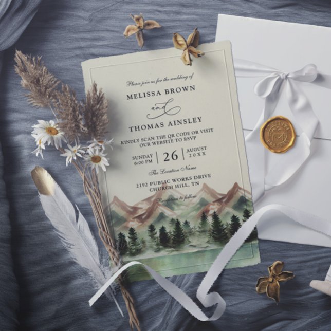 Invitación Mountain Forest Rustic Budget QR Code Wedding (Subido por el creador)