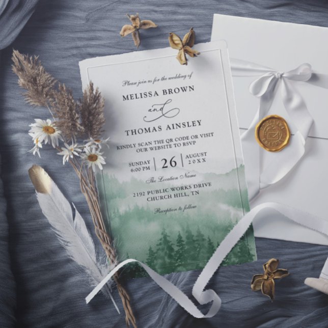 Invitación Mountain Forest Rustic Tree Budget QR Code Wedding (Subido por el creador)