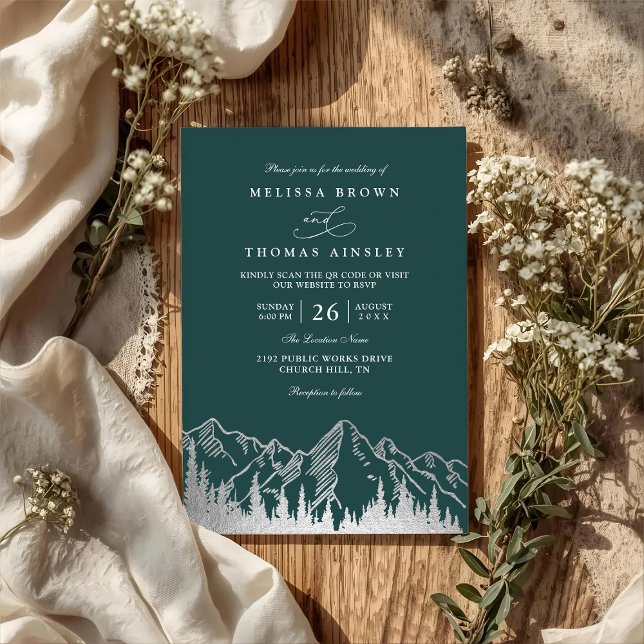 Invitación Mountain Forest Trees Pine Rustic QR Code Wedding (Subido por el creador)