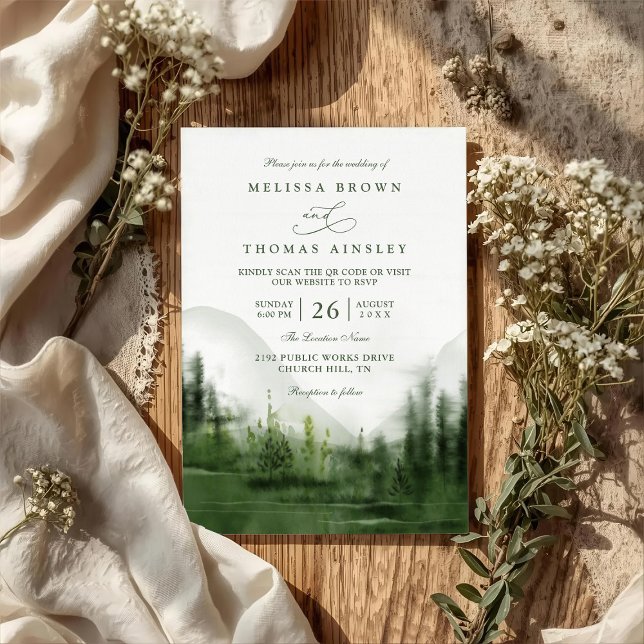 Invitación Mountain Forest Trees Rustic QR Code Wedding (Subido por el creador)