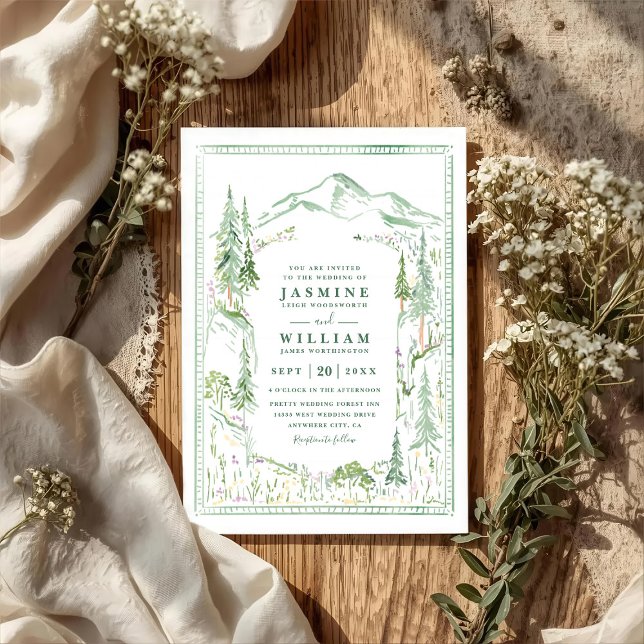 Invitación Mountain Forest Trees Rustic QR Code Wedding (Subido por el creador)