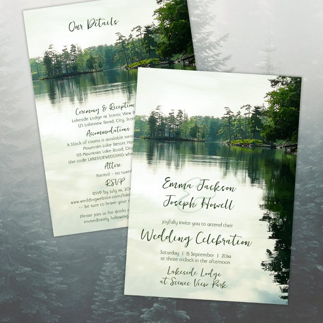 Invitación Mountain Lake detalla todo en un boda (front & back - combination invitation plus details card - easily add a QR code with Z design tool)