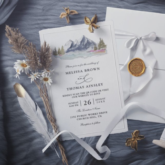 Invitación Mountain Lake Forest Rustic Budget QR Code Wedding (Subido por el creador)