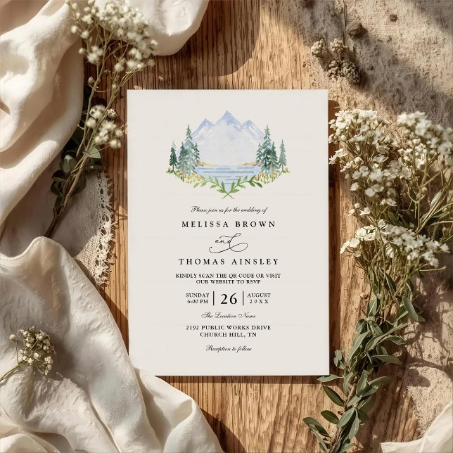 Invitación Mountain Lake Forest Tree Rustic QR Code Wedding (Subido por el creador)