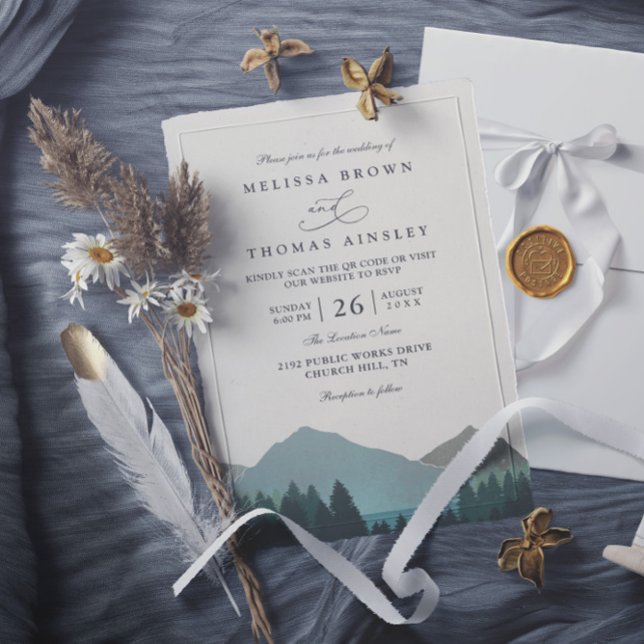 Invitación Mountain Lake Forest Trees Pine QR Code Wedding (Subido por el creador)