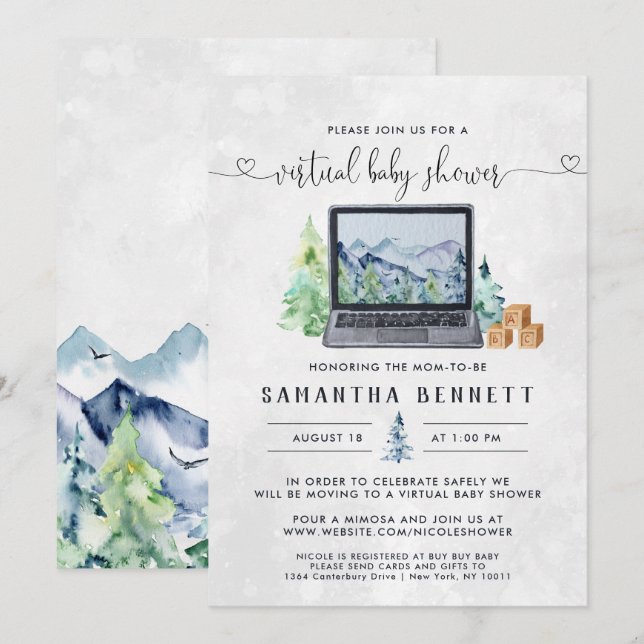 Invitación Mountain Laptop | Baby Shower Virtual (Anverso / Reverso)