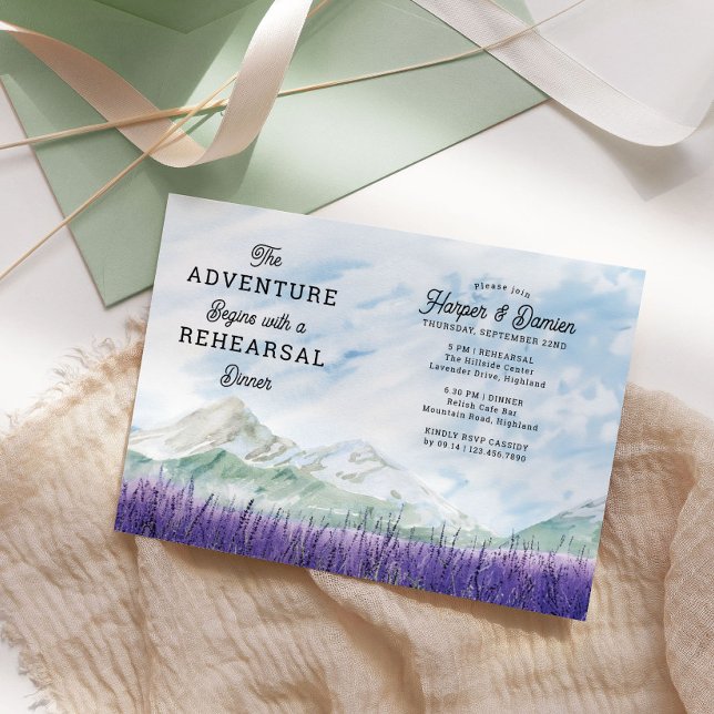 Invitación Mountain Lavender Adventure Begin Ensayo Cena (Wedding Rehearsal Dinner Invitation from my Mountain Lavender Wedding Collection)
